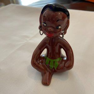 GILNER Hawaiian Boy Vintage Ceramic Figurine wearing Earrings Grass Skirt 1950s